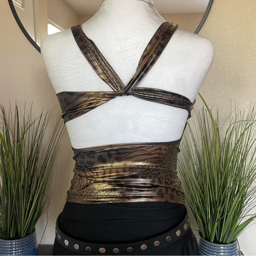 Chic Leopard Print Crop Top Beautiful y2k Vintage Backless π Gold Metallic Tops - Picture 3 of 6